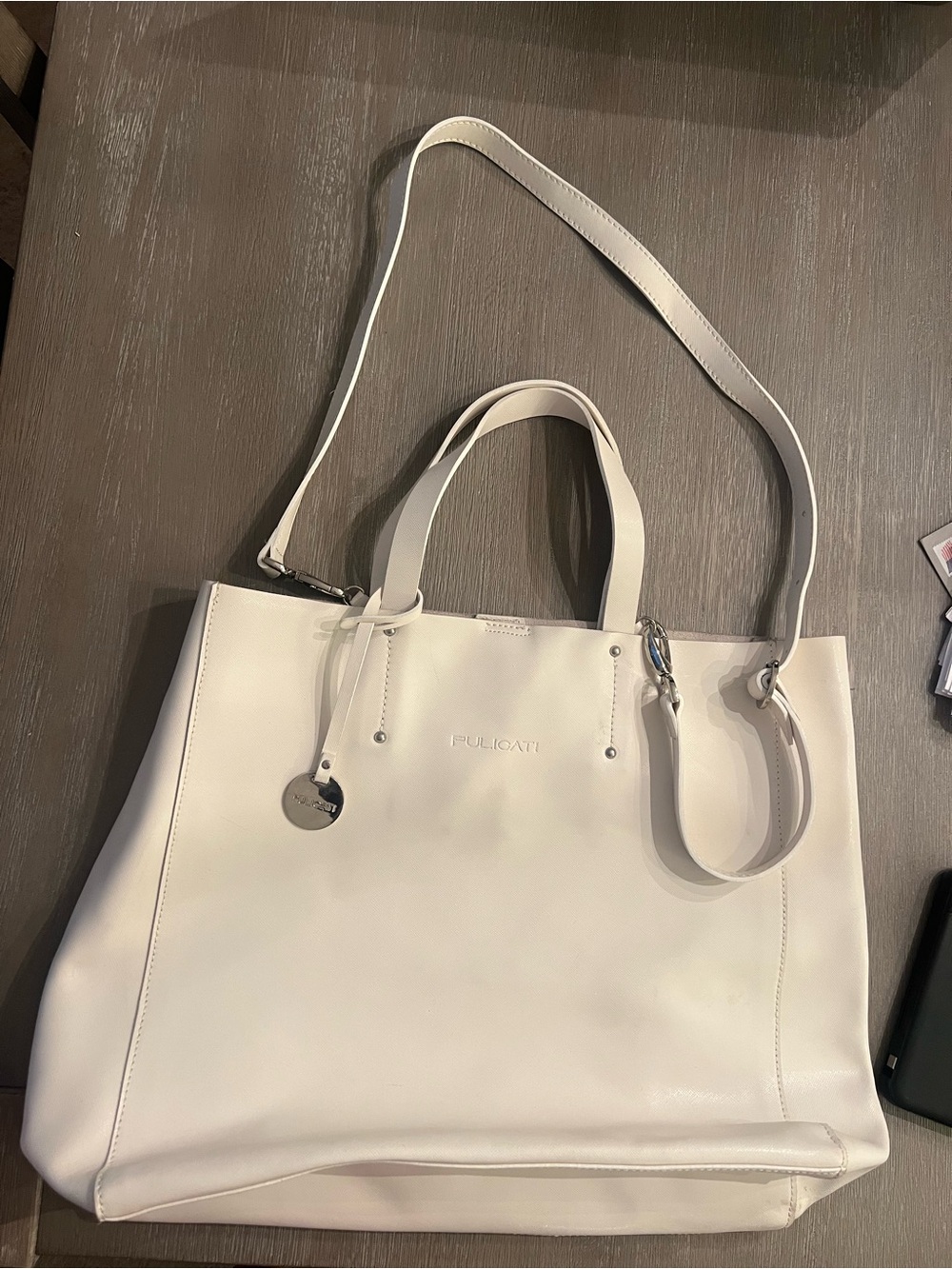 Pulicati White Cream Leather Tote with Detachable Strap